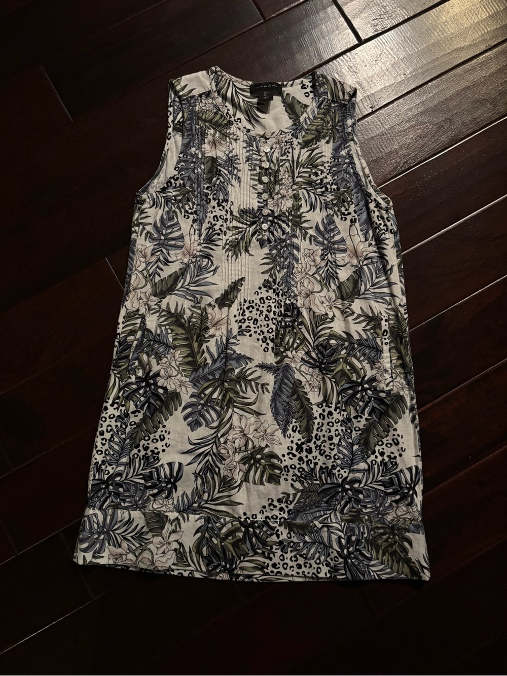 Tahari Linen Blend Dress Tropical Leopard Print Pintuck Shift Womens Size Large - Picture 7 of 7